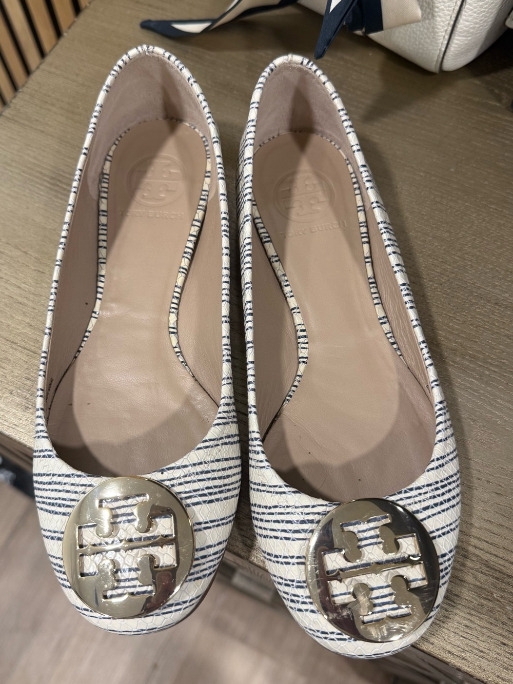 Tory Burch Ivory and Navy Striped Logo Ballet Flats